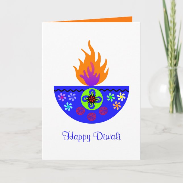 Colourful Diwali Lamp Diya Card (Front)