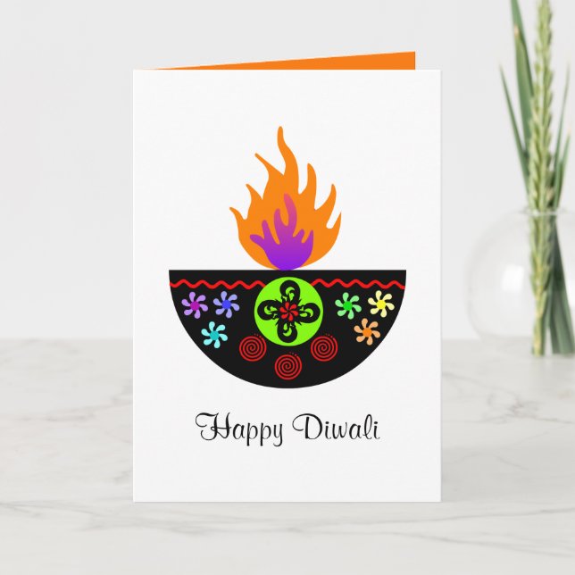 Colourful Diwali Lamp Diya Card (Front)