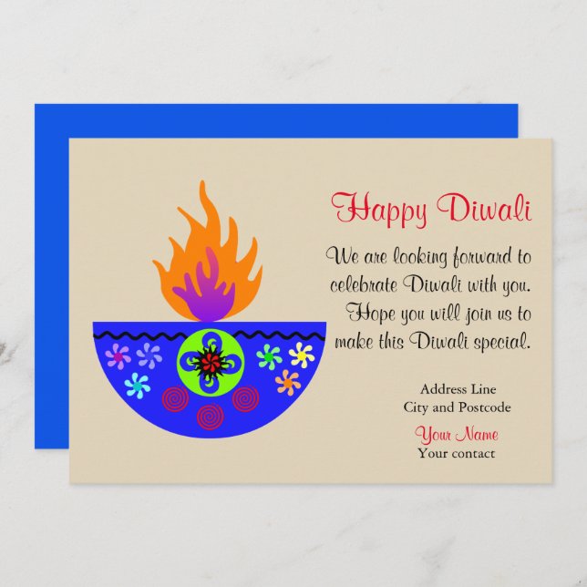 Colourful Diwali Lamp Diya Invitation (Front/Back)