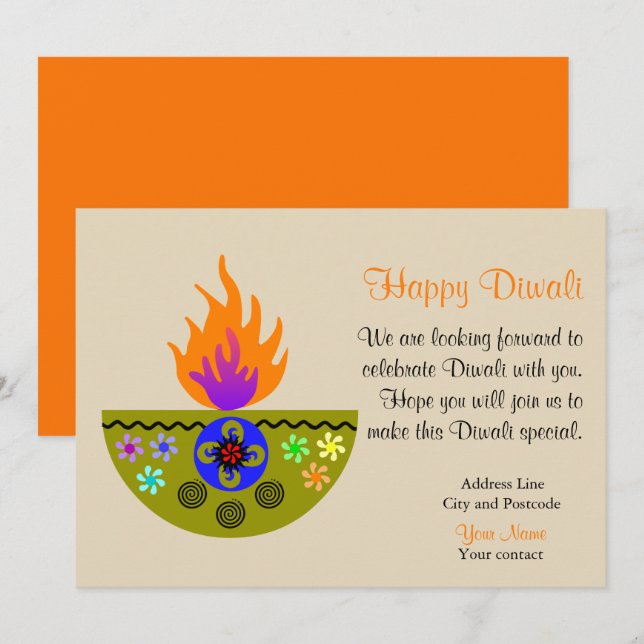 Colourful Diwali Lamp Diya Invitation (Front/Back)