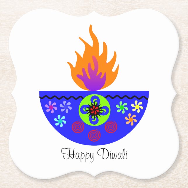 Colourful Diwali Lamp Diya Paper Coaster (Front)