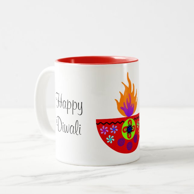 Colourful Diwali Lamp Diya Two-Tone Coffee Mug (Front Left)