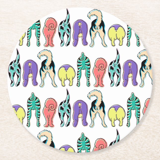Colourful Dog Butts Pattern Round Paper Coaster (Front)