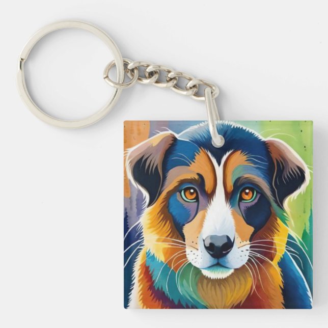 Colourful dog face close up  key ring (Front)