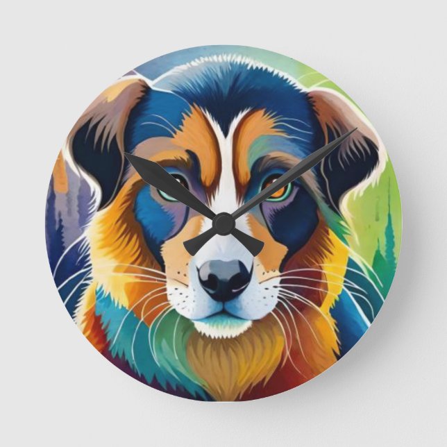Colourful dog face close up  round clock (Front)