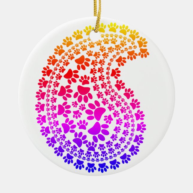 Colourful Dog Paw Print Paisley Pattern Ceramic Tree Decoration (Front)