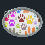 Colourful Dog Paw Prints All Over Belt Buckle<br><div class="desc">Images of dog paw prints all over. 
Colourful cartoon style design.
Custom belt buckles.
Gift idea for dog lovers of all ages.</div>