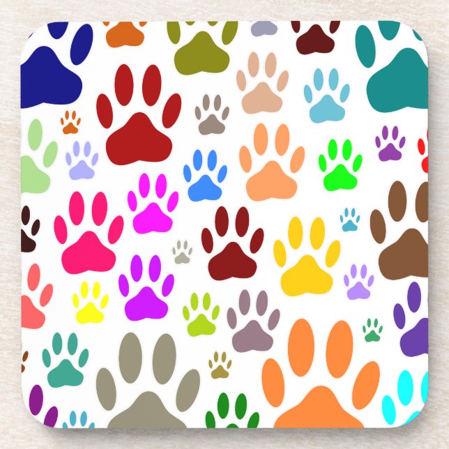 Colourful Dog Paw Prints All Over Coaster (Front)