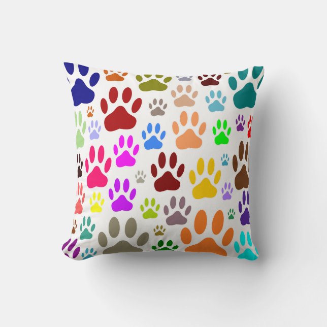 Colourful Dog Paw Prints All Over Cushion (Front)