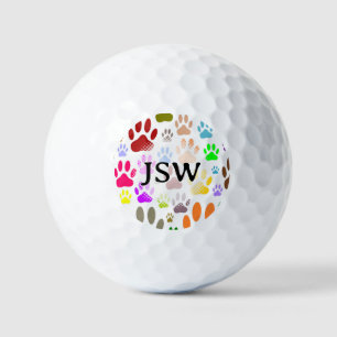 Colourful Dog Paw Prints All Over Custom Initials  Golf Balls