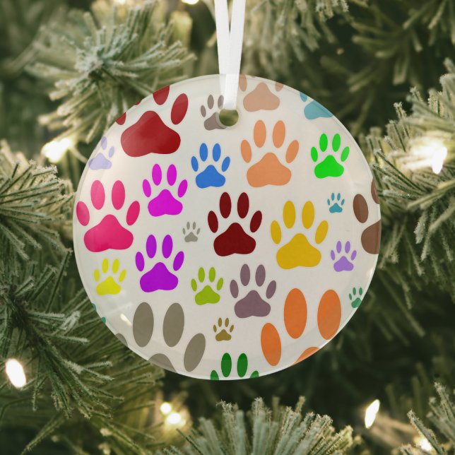 Colourful Dog Paw Prints All Over Glass Tree Decoration (Insitu)