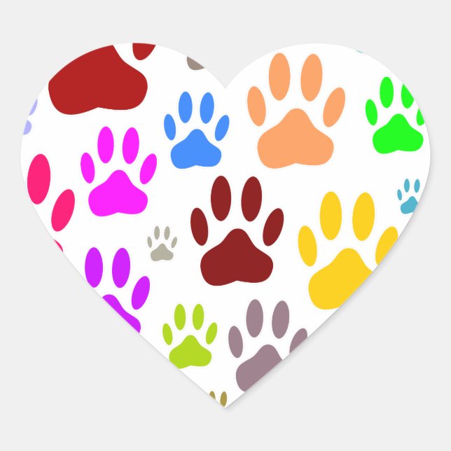 Colourful Dog Paw Prints All Over Heart Sticker (Front)