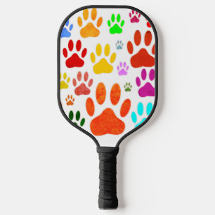 Colourful Dog Paw Prints All Over Pickleball Paddle