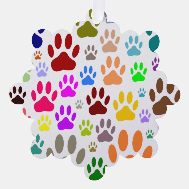 Colourful Dog Paw Prints All Over Tree Decoration Card (Front)