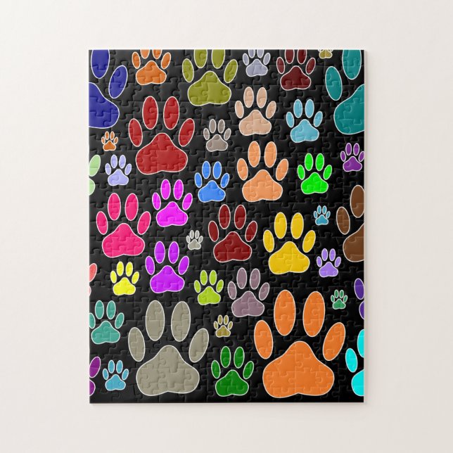 Colourful Dog Paw Prints On Black Jigsaw Puzzle (Vertical)