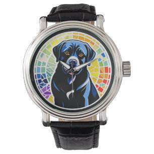 Colourful Dog Portrait in Rainbow Mosaic Circle Watch