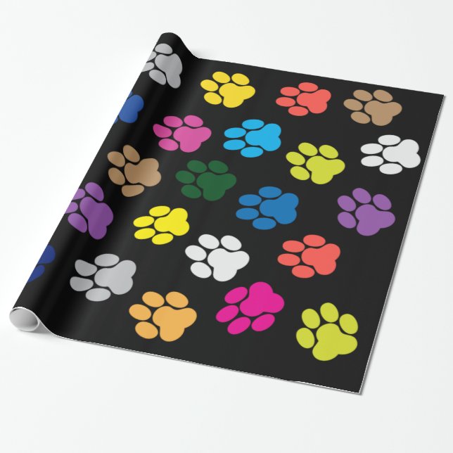 Colourful Dog Puppy Paws Wrapping Paper (Unrolled)
