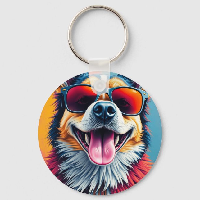 Colourful Dog with Sunglasses Key Ring (Front)