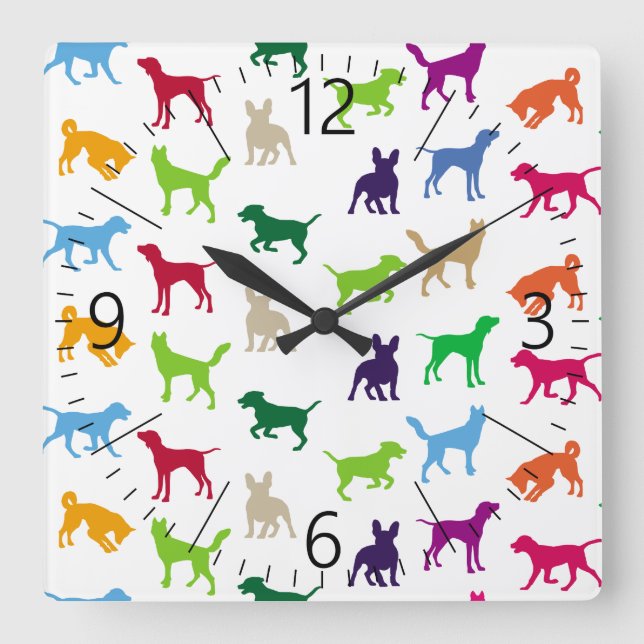 Colourful dogs silhouettes square wall clock (Front)