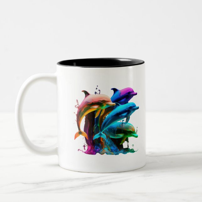 Colourful Dolphin-Awesome Sticker Two-Tone Coffee Mug (Left)
