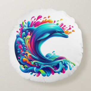 Colourful Dolphin Splash Round Cushion
