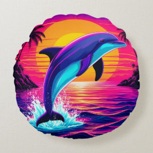 Colourful Dolphin Vibrant Tropical Sunset Round Cushion