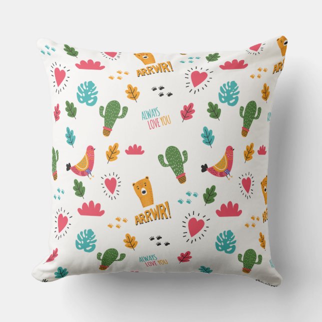 Colourful Doodle Animals And Words Pattern Cushion (Front)