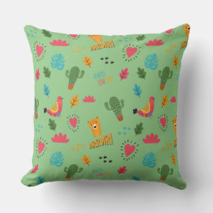 Colourful Doodle Animals And Words Pattern Cushion