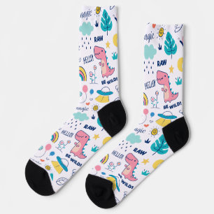 Colourful doodle animals and words pattern socks