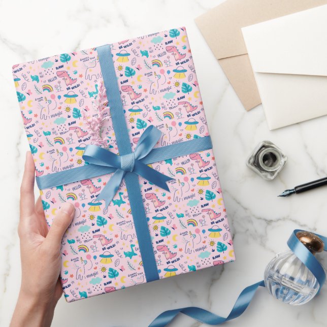 Colourful doodle animals and words pattern wrapping paper (Gifting)