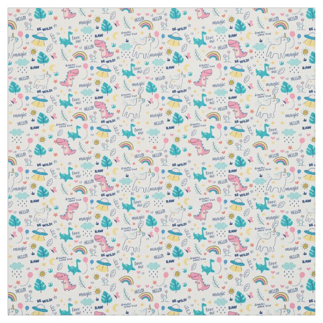 Colourful Doodle Animals with Words Seamless Fabric (Swatch)