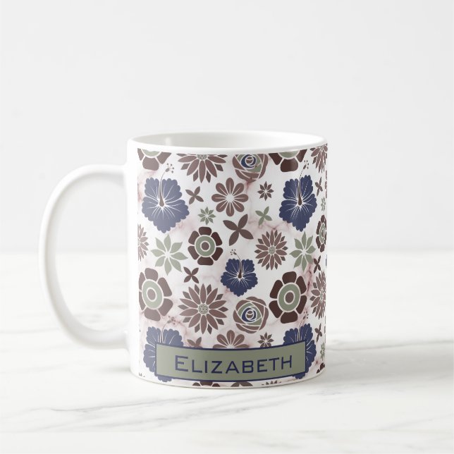 Colourful doodle floral pattern personalised name  coffee mug (Left)