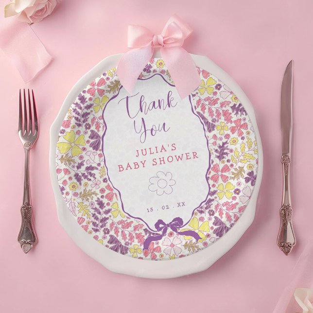 Colourful Doodle Flower Pencil Sketch Baby Shower Paper Plate (Creator Uploaded)