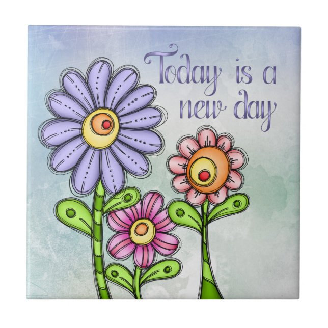 Colourful Doodle Flower Trio Tile (Front)