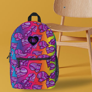 Colourful Doodle Hearts on Rainbow Gradient Name Printed Backpack