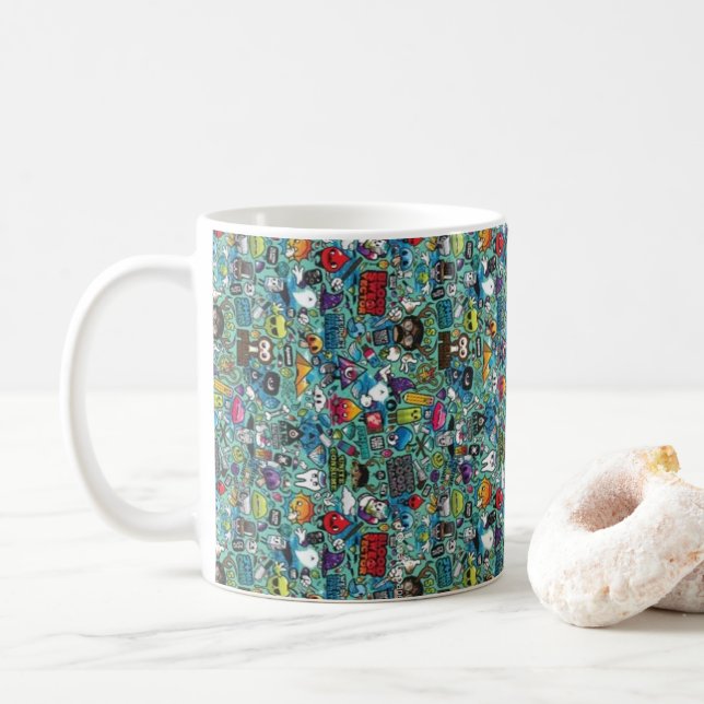 Colourful Doodle Pattern Coffee Mug | Cute Cartoon (With Donut)