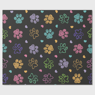 Colourful doodle paw prints wrapping paper