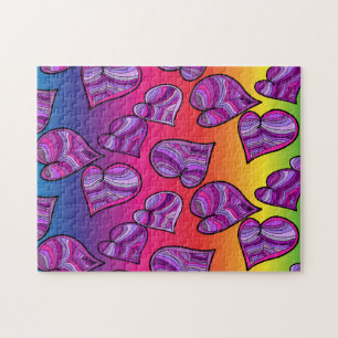 Colourful Doodle Rainbow Hearts Pattern Jigsaw Puzzle