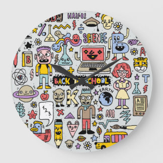 Colourful Doodle School Vintage Set Large Clock