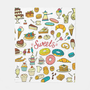 Colourful doodle sweets food on white. Vintage ill Fleece Blanket