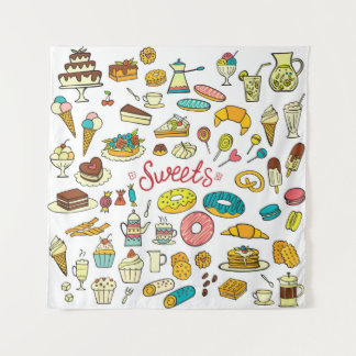 Colourful doodle sweets food on white. Vintage ill Tapestry