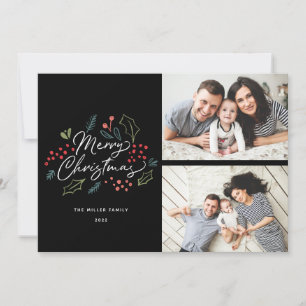 Colourful Doodles Merry Christmas 2 Photo Black Holiday Card