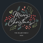 Colourful Doodles Merry Christmas Name Black Classic Round Sticker<br><div class="desc">This bright and colourful photo holiday sticker features our illustrated holiday foliage doodles and says "Merry Christmas" in a modern brush script. Perfect for envelope seals or gift wrapping. This design is part of a collection.</div>