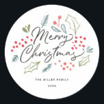 Colourful Doodles Merry Christmas Name Classic Round Sticker<br><div class="desc">This bright and colourful photo holiday sticker features our illustrated holiday foliage doodles and says "Merry Christmas" in a modern brush script. Perfect for envelope seals or gift wrapping. This design is part of a collection.</div>
