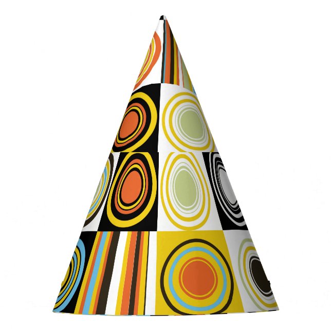 Colourful dots, circles, stripes background. party hat (Front)