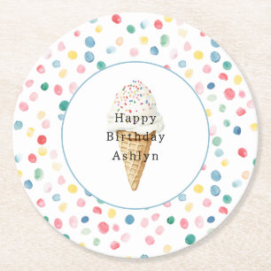 Colourful Dots Confetti Ice Cream Cone Birthday Round Paper Coaster