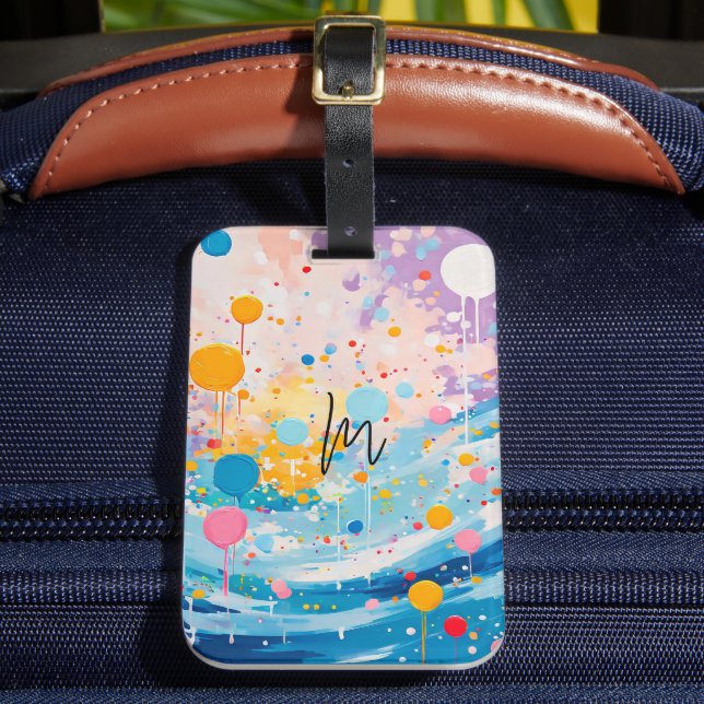 Colourful Dots Drips Splatters Luggage Tag (Front Insitu 2)