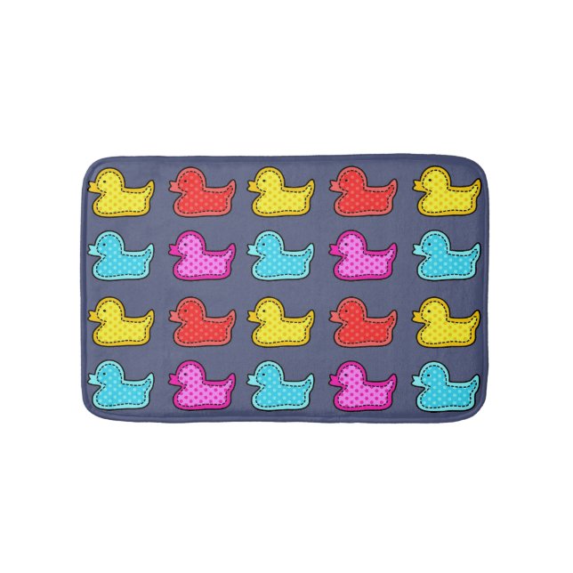 Colourful Dotty Duck Pattern on Blue  Bath Mat (Front)