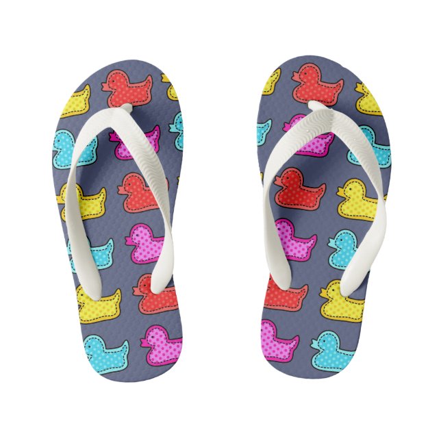 Colourful Dotty Duck Pattern on Blue Kid's Jandals (Footbed)