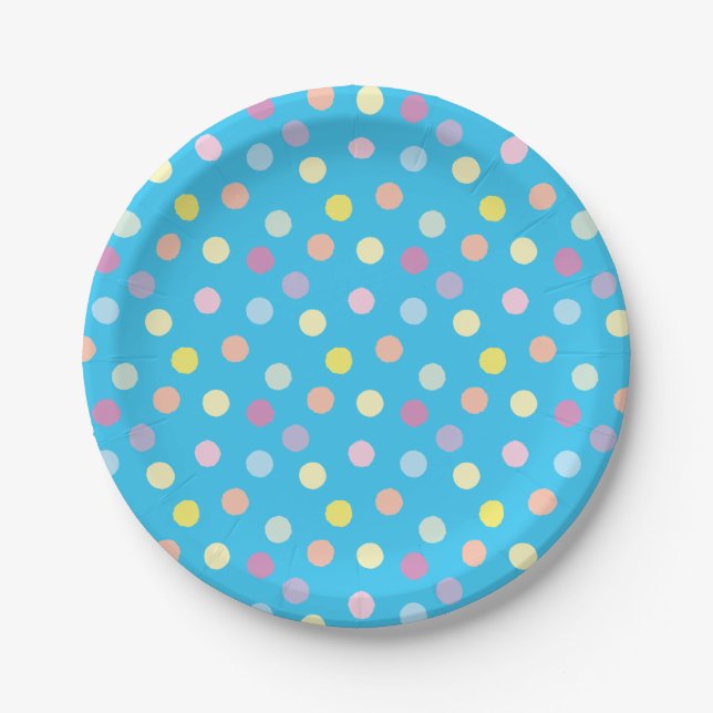 Colourful Dotty Pattern on Bright Blue Paper Plate (Front)